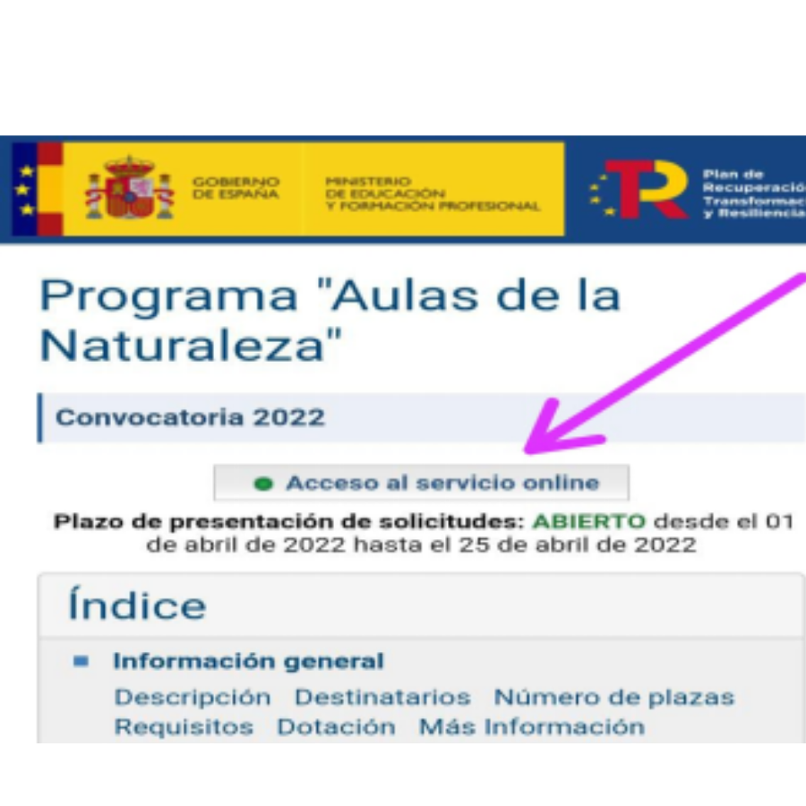 captura de pantalla del sitio web del Ministerio de Educación para participar en el programa Aulas de la Naturaleza